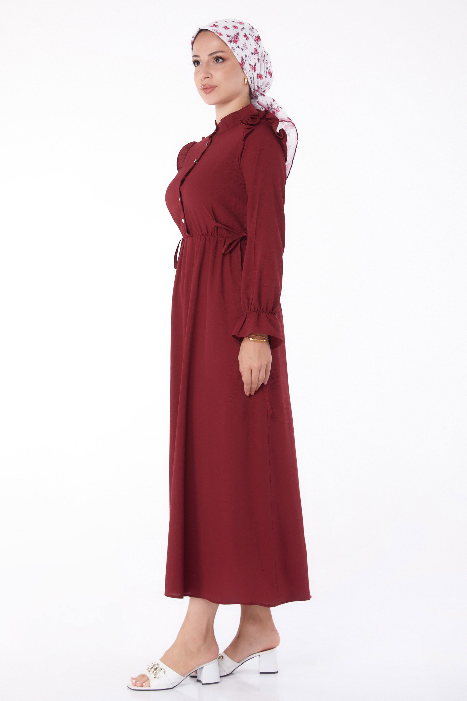 Fırfırlı Elbise Bordo - 13269 - 3