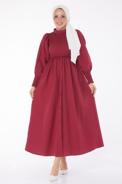 Gipeli Düğmeli Elbise Bordo - 13163 