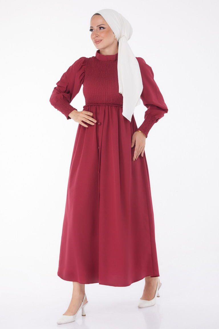 Gipeli Düğmeli Elbise Bordo - 13163 - TOFİSA