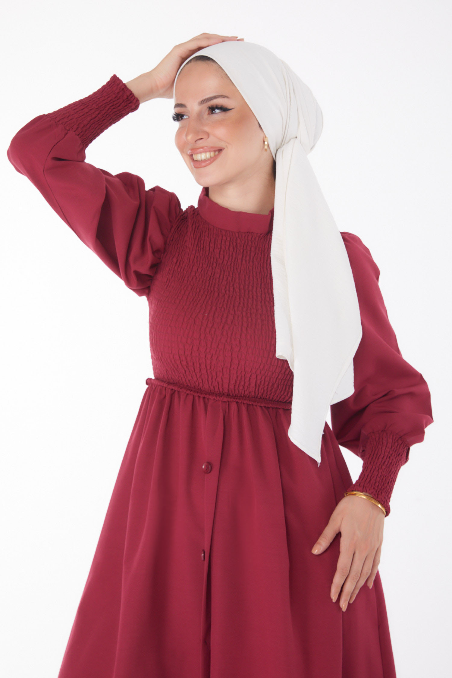 Gipeli Düğmeli Elbise Bordo - 13163 - 3