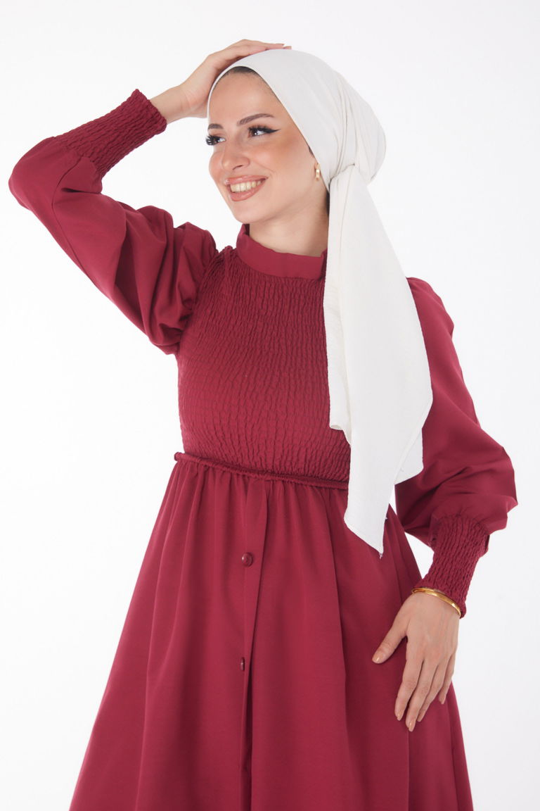 Gipeli Düğmeli Elbise Bordo - 13163 - TOFİSA