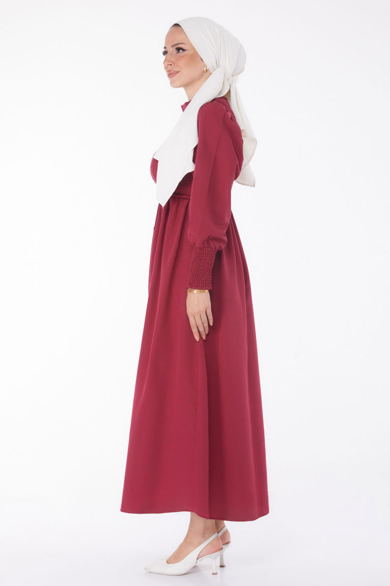 Gipeli Düğmeli Elbise Bordo - 13163 - TOFİSA