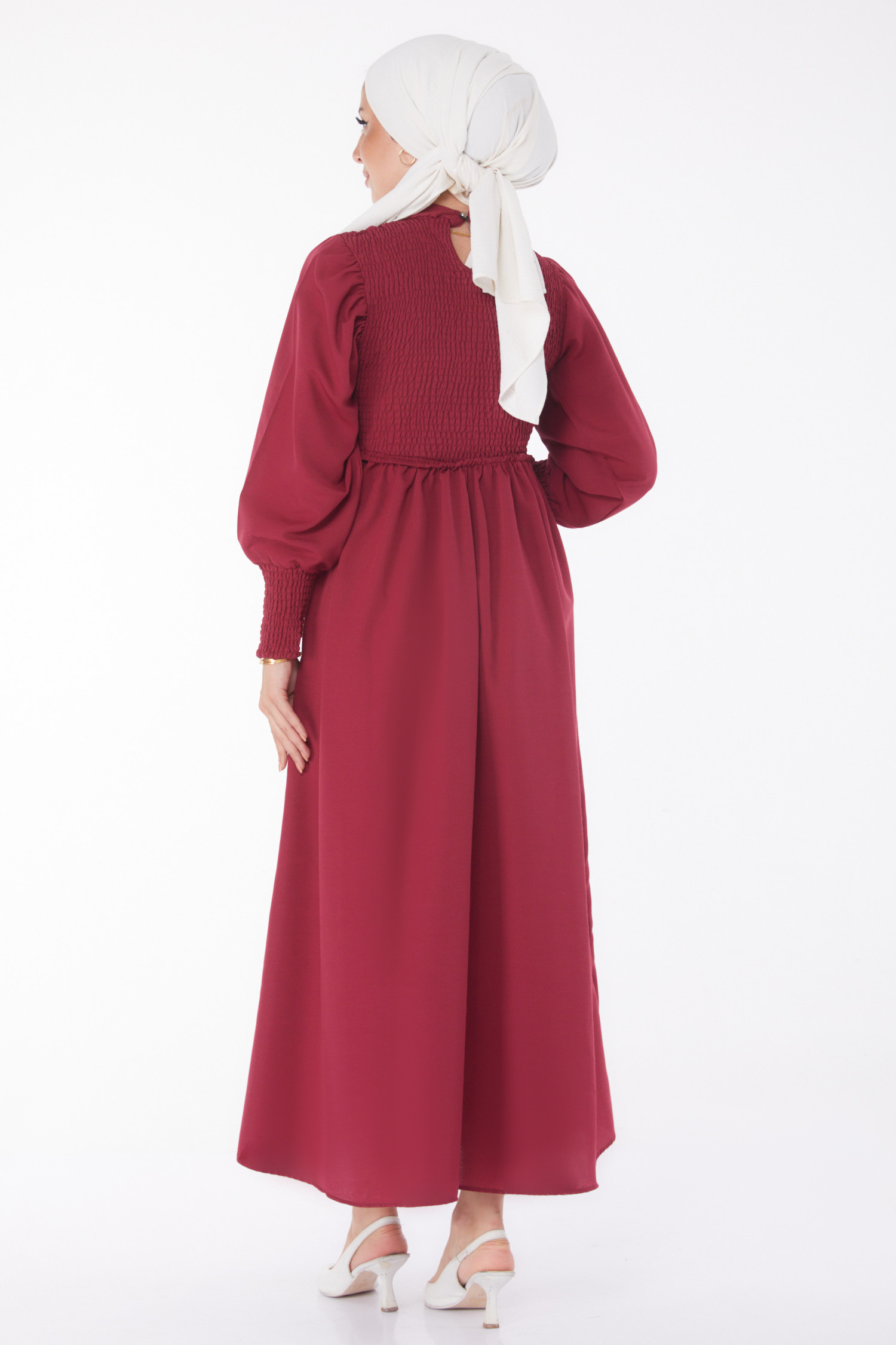 Gipeli Düğmeli Elbise Bordo - 13163 - 5