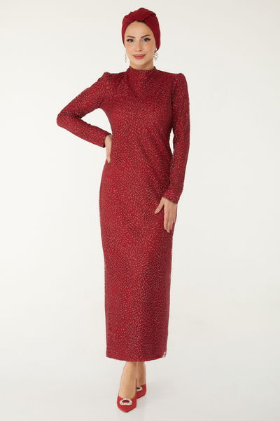 Düz Hakim Yaka Kadın Bordo Işıltılı Abiye Elbise - 26520 