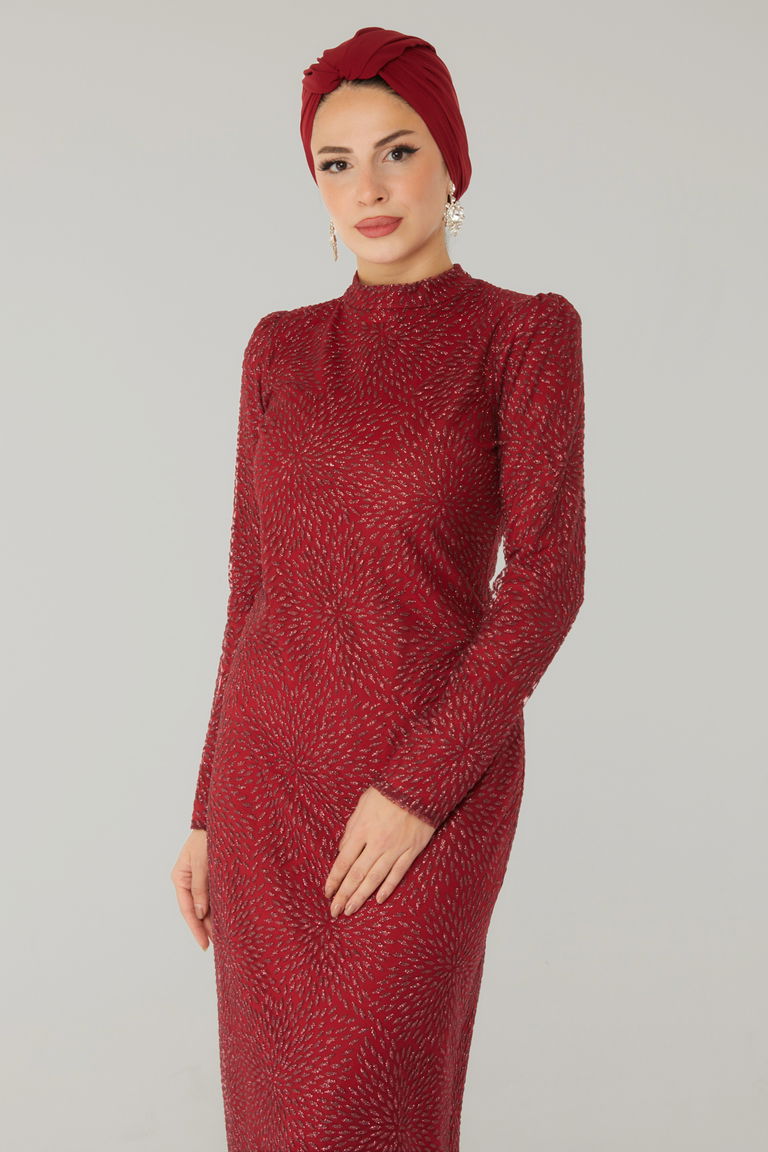 Düz Hakim Yaka Kadın Bordo Işıltılı Abiye Elbise - 26520 - TOFİSA