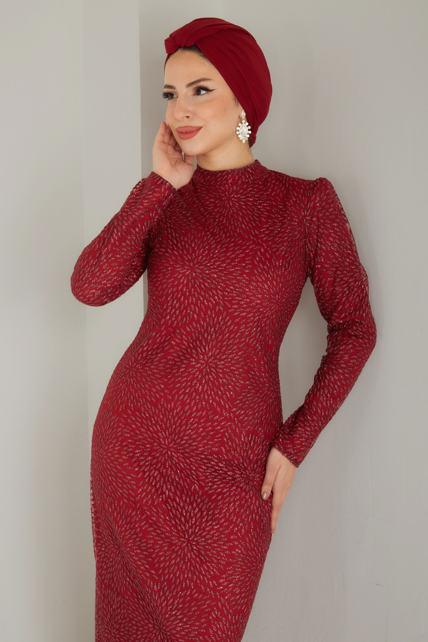 Düz Hakim Yaka Kadın Bordo Işıltılı Abiye Elbise - 26520 - 3