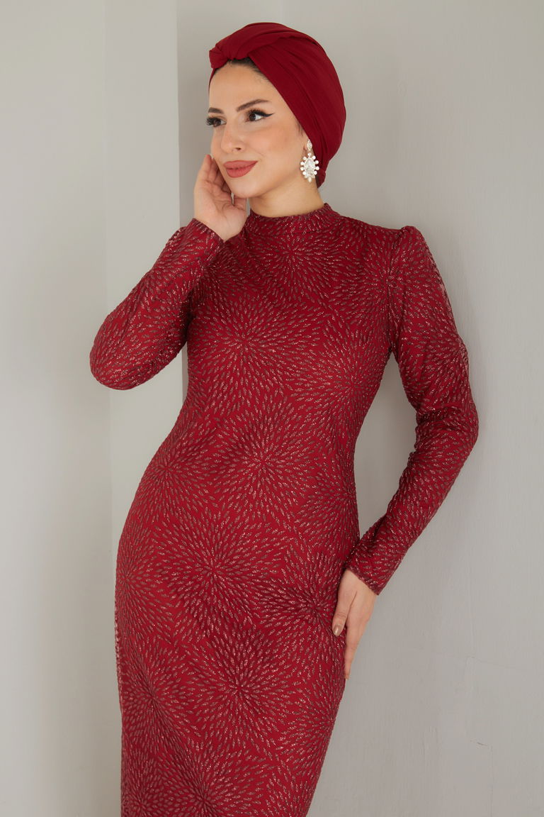 Düz Hakim Yaka Kadın Bordo Işıltılı Abiye Elbise - 26520 - TOFİSA