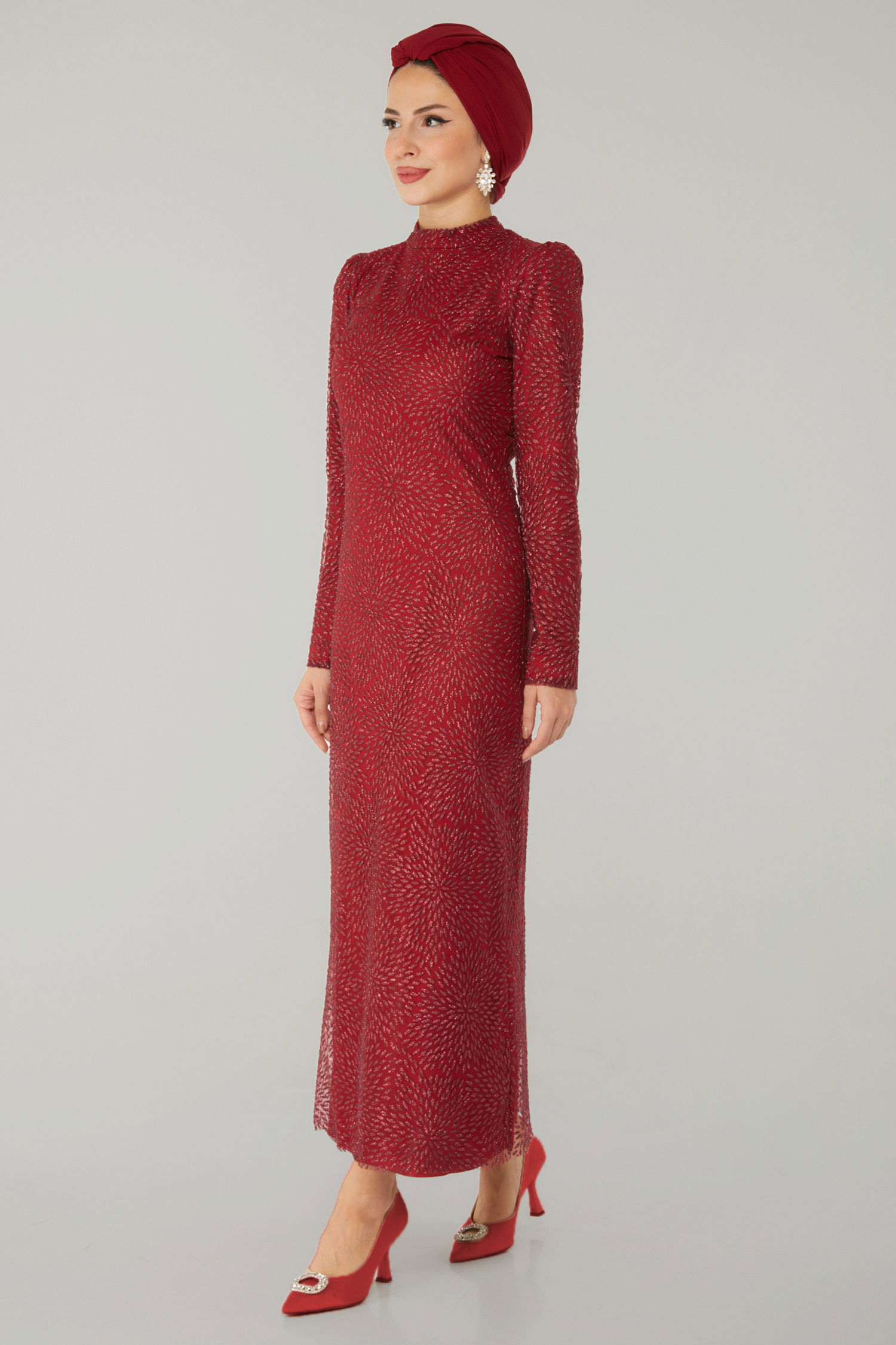 Düz Hakim Yaka Kadın Bordo Işıltılı Abiye Elbise - 26520 - 4