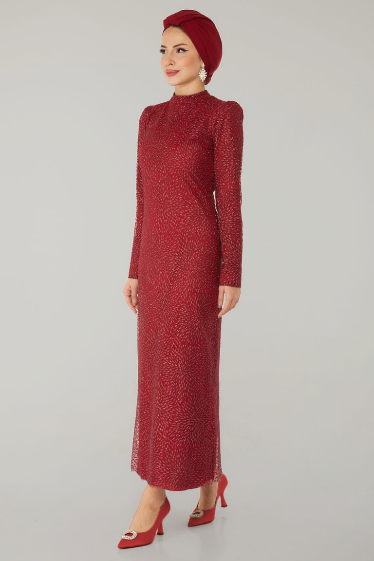 Düz Hakim Yaka Kadın Bordo Işıltılı Abiye Elbise - 26520 - TOFİSA