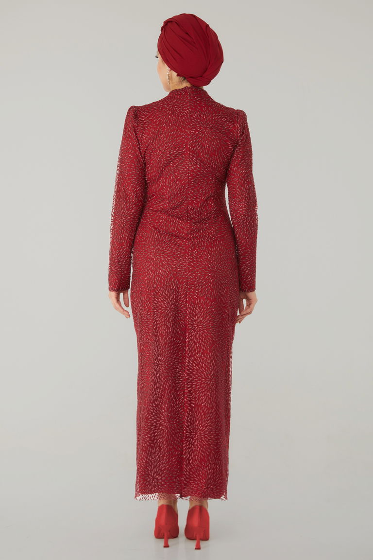 Düz Hakim Yaka Kadın Bordo Işıltılı Abiye Elbise - 26520 - TOFİSA