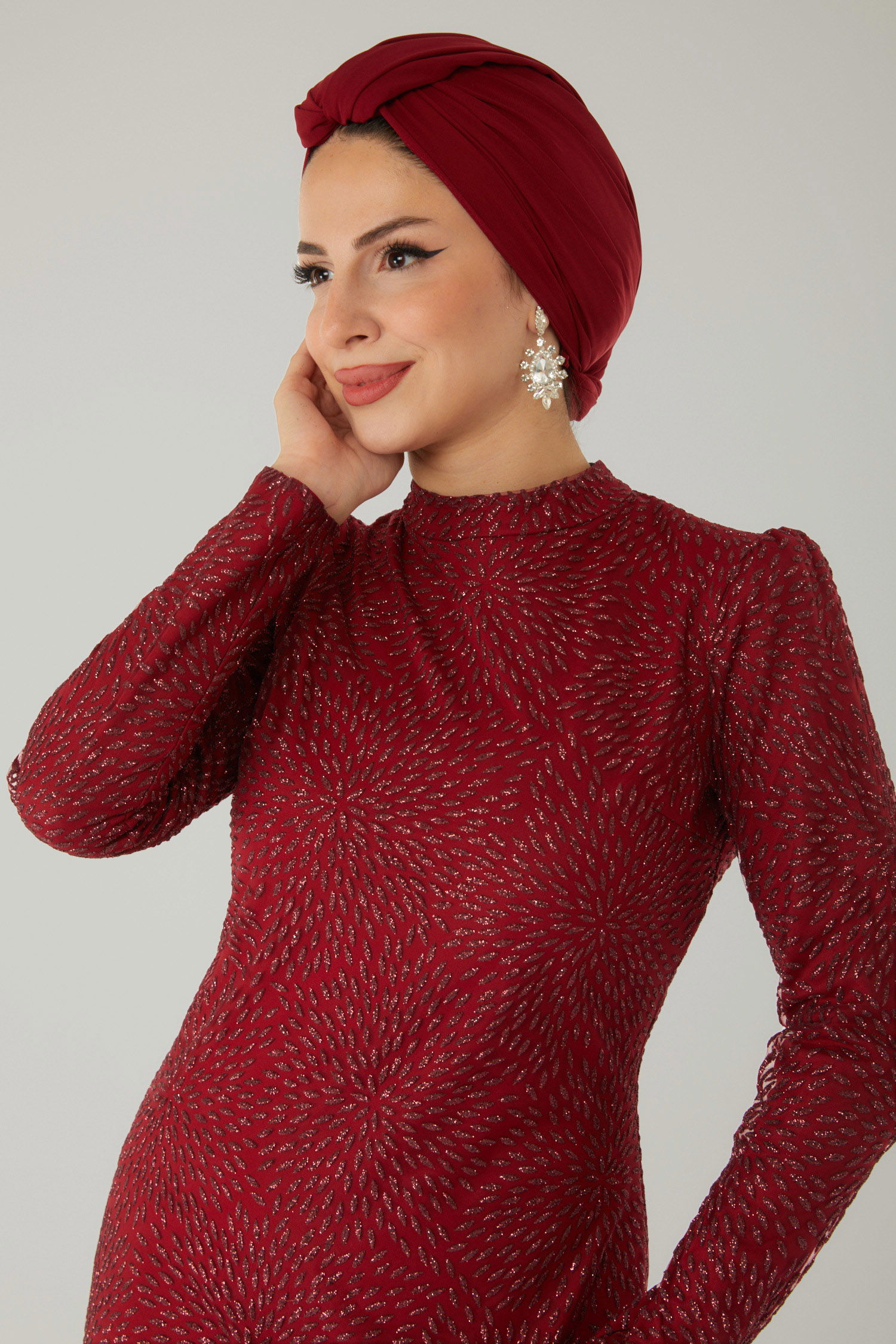 Düz Hakim Yaka Kadın Bordo Işıltılı Abiye Elbise - 26520 - 6