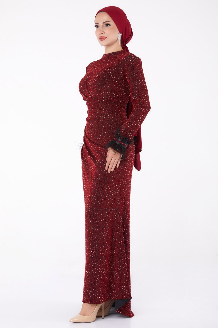 Düz Hakim Yaka Kadın Bordo Kollu Tüy Detaylı Abiye Elbise - 26379 - TOFİSA