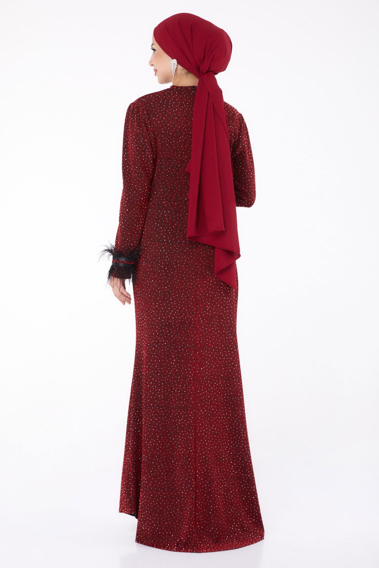 Düz Hakim Yaka Kadın Bordo Kollu Tüy Detaylı Abiye Elbise - 26379 - TOFİSA
