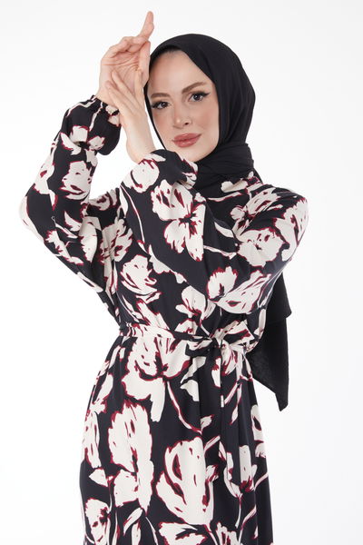 Kuşaklı Desenli Elbise Bordo - 24894 
