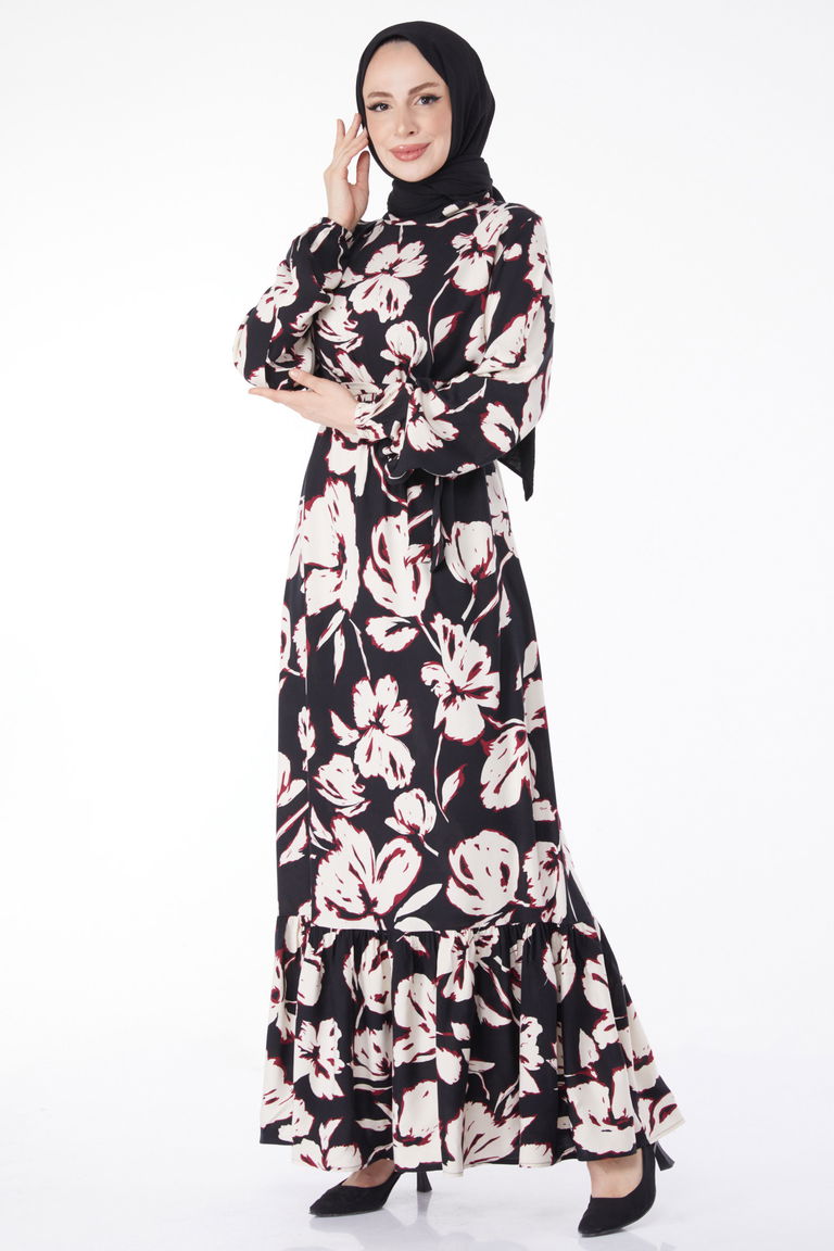 Kuşaklı Desenli Elbise Bordo - 24894 - TOFİSA