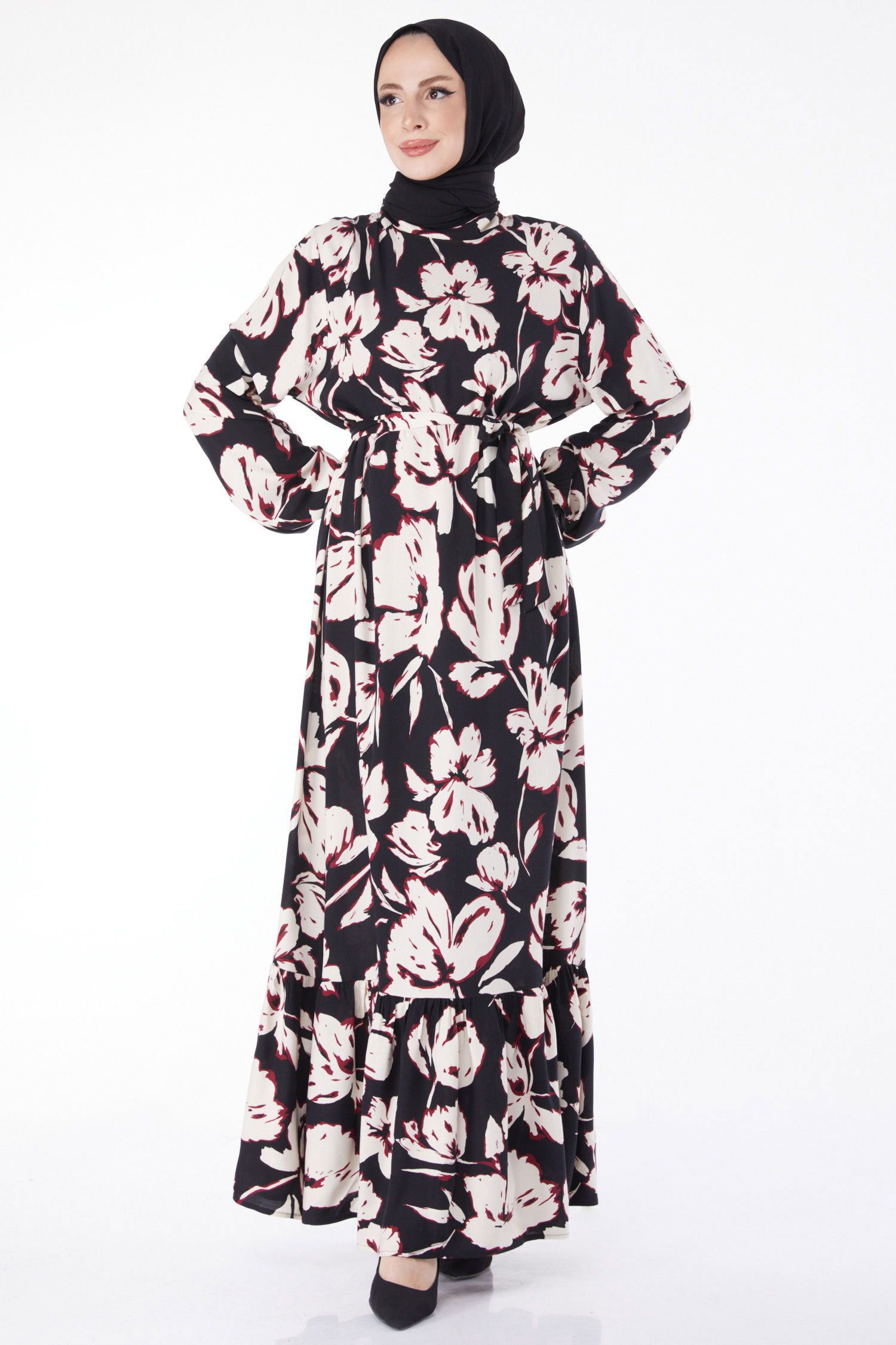Kuşaklı Desenli Elbise Bordo - 24894 - 3