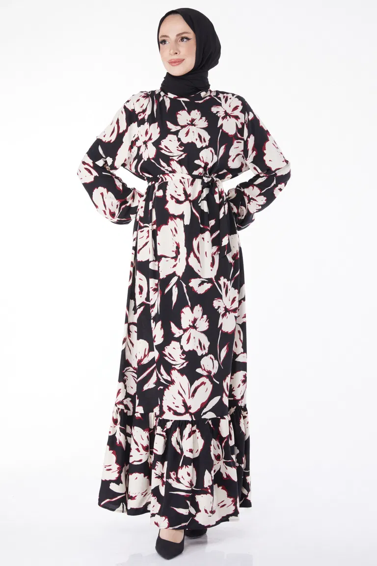 Kuşaklı Desenli Elbise Bordo - 24894 - TOFİSA