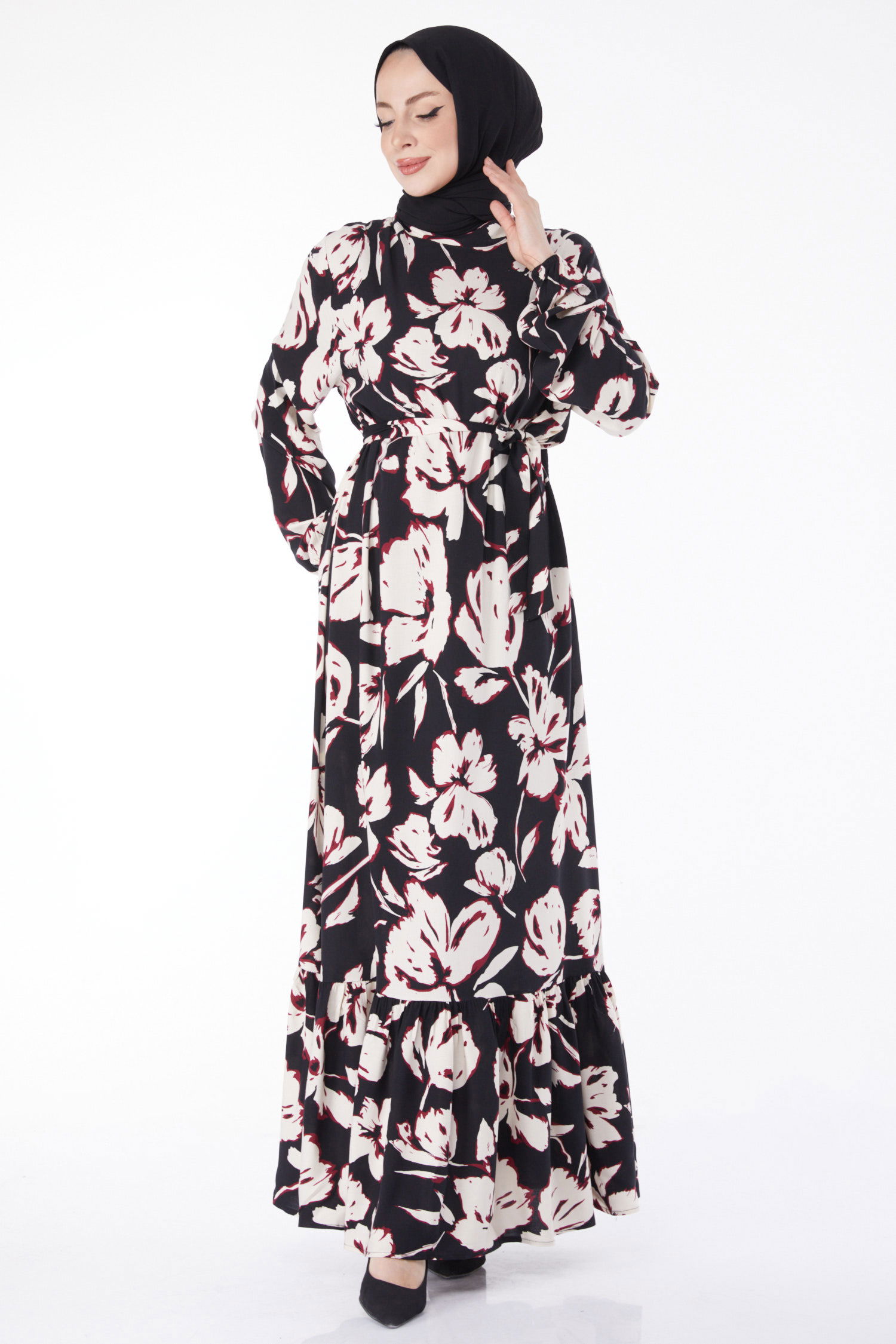Kuşaklı Desenli Elbise Bordo - 24894 - 4