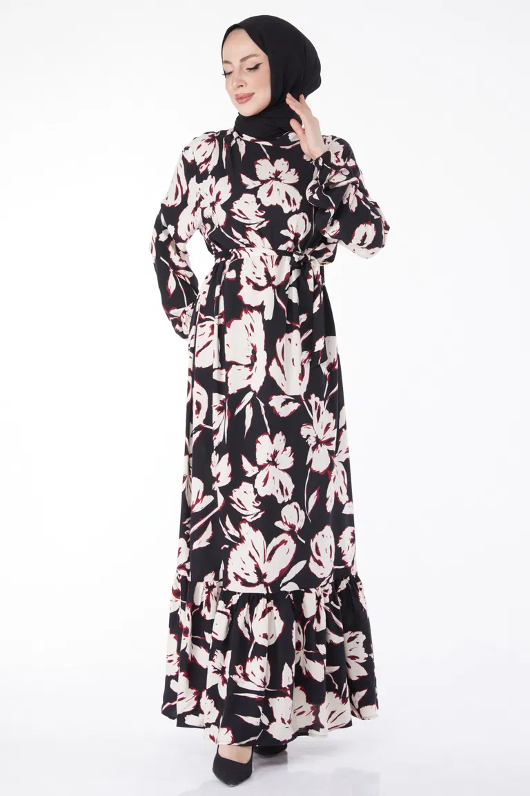 Kuşaklı Desenli Elbise Bordo - 24894 - TOFİSA