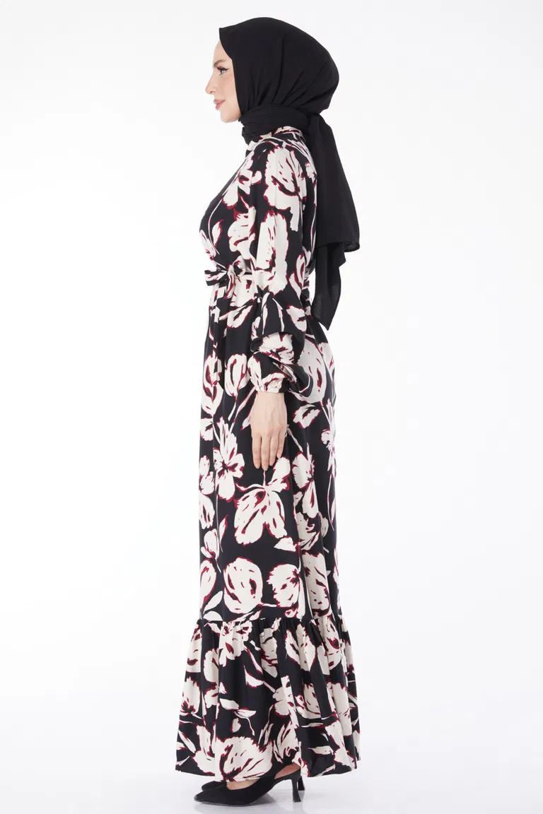 Kuşaklı Desenli Elbise Bordo - 24894 - TOFİSA