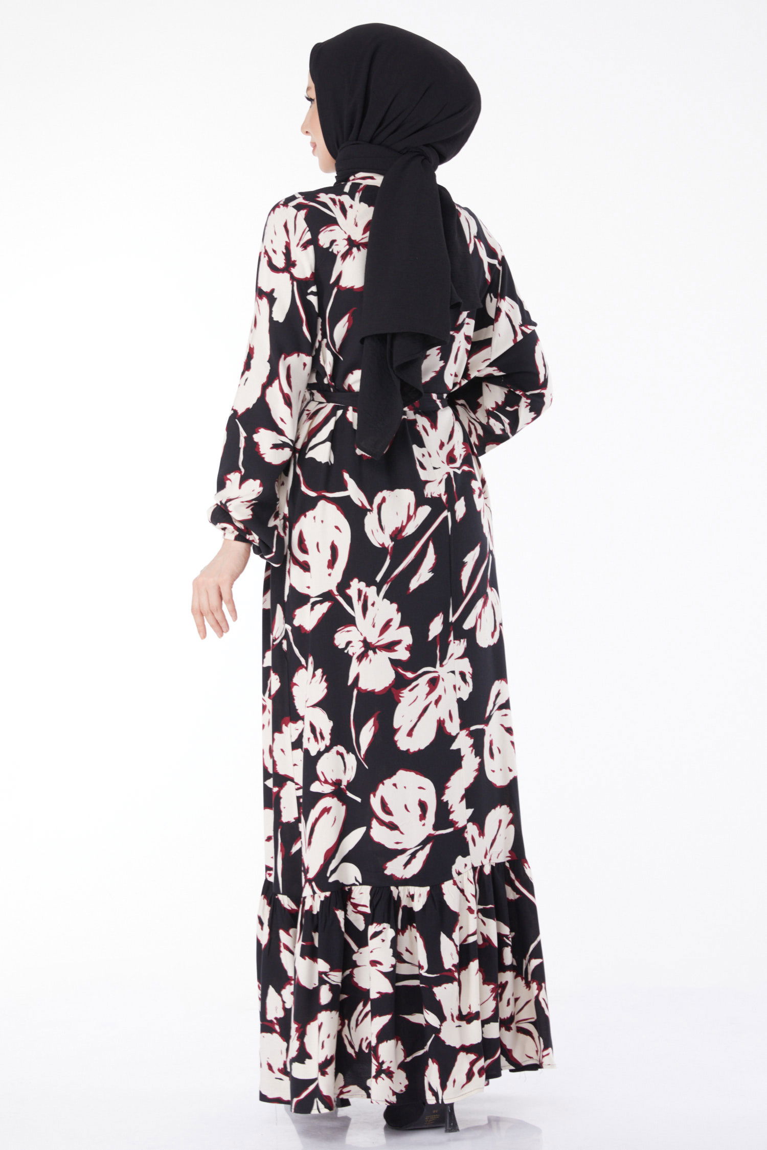 Kuşaklı Desenli Elbise Bordo - 24894 - 6
