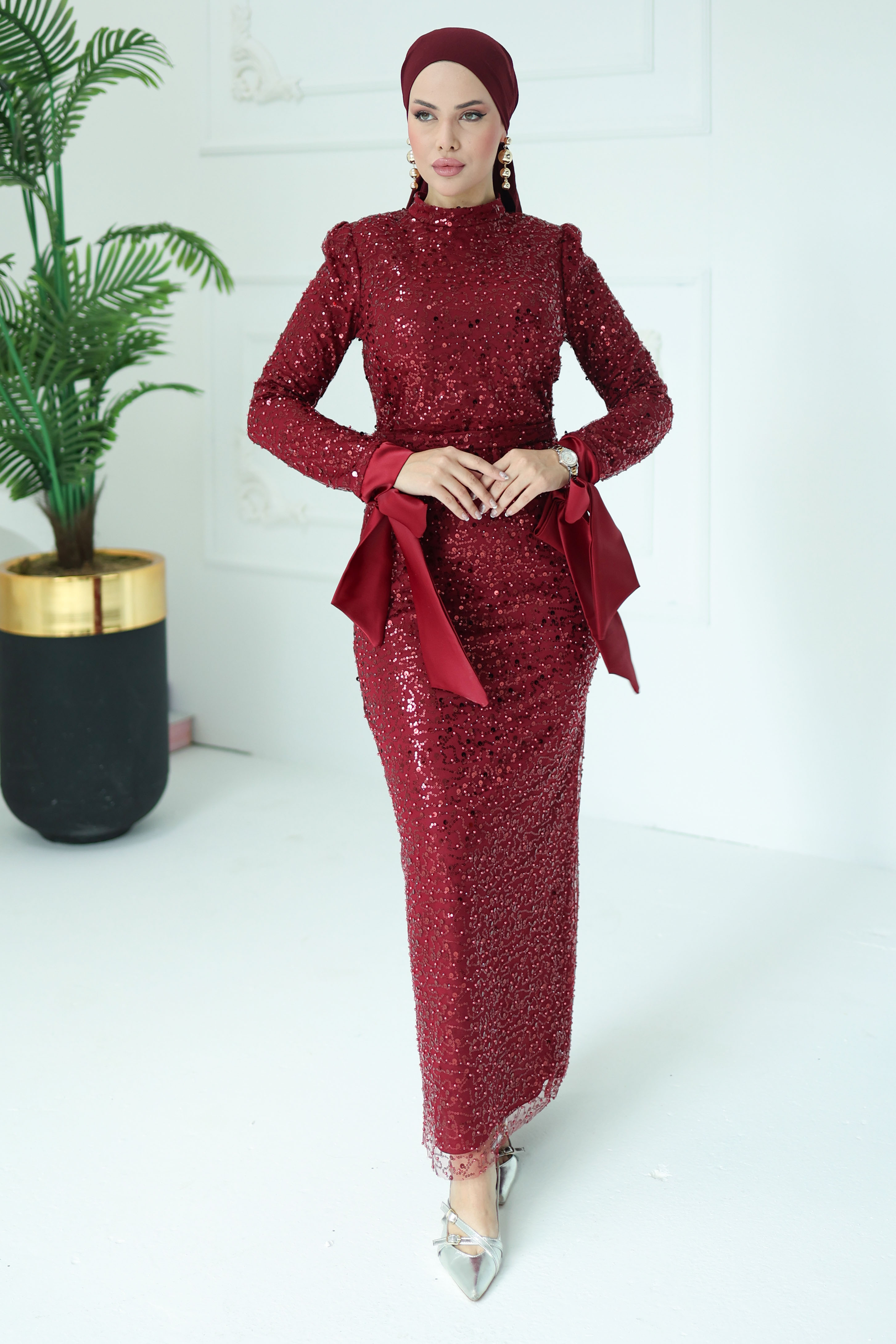 Payetli Abiye Bordo - 26562 - 1