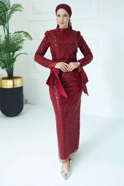 Payetli Abiye Bordo - 26562 