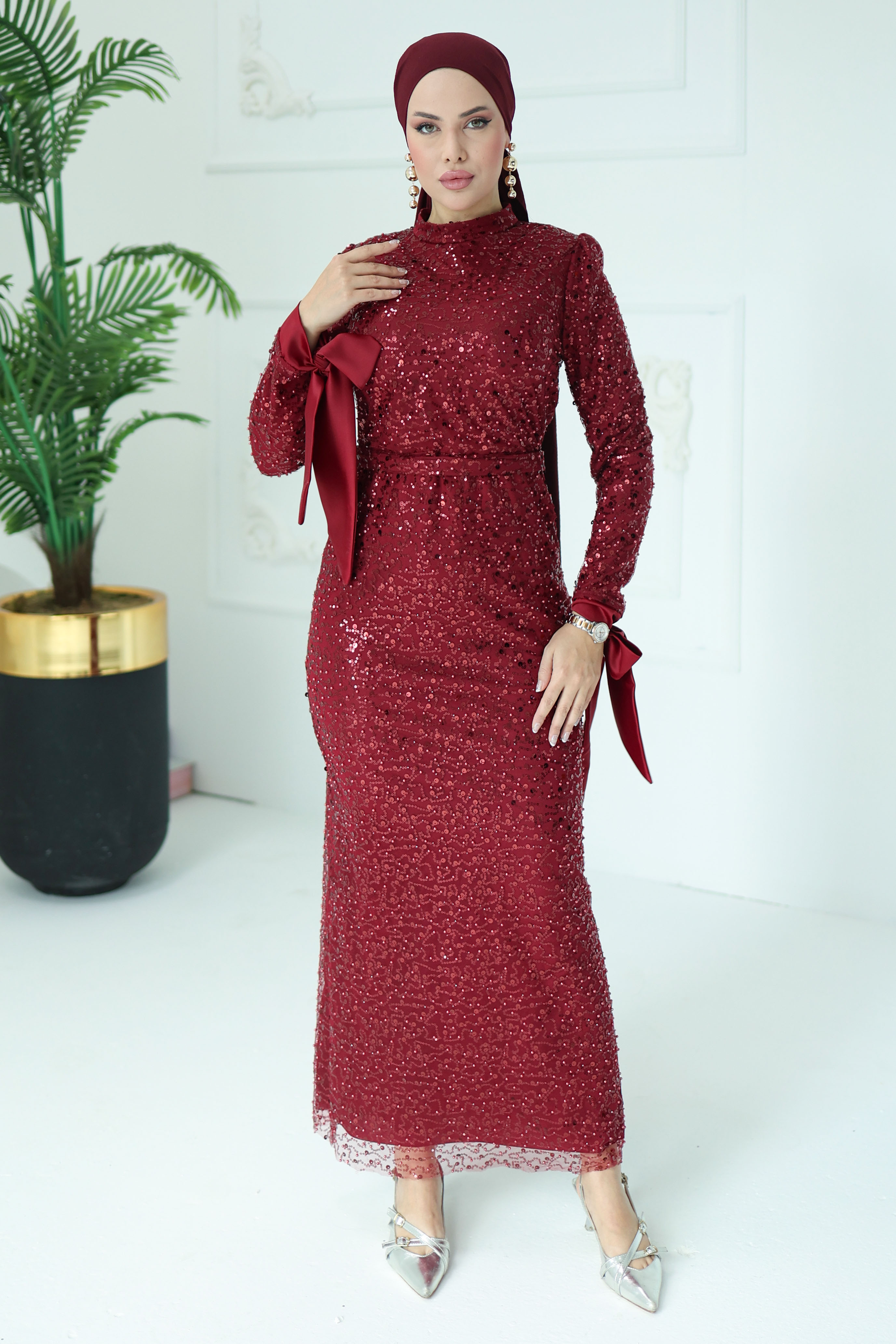 Payetli Abiye Bordo - 26562 - 2