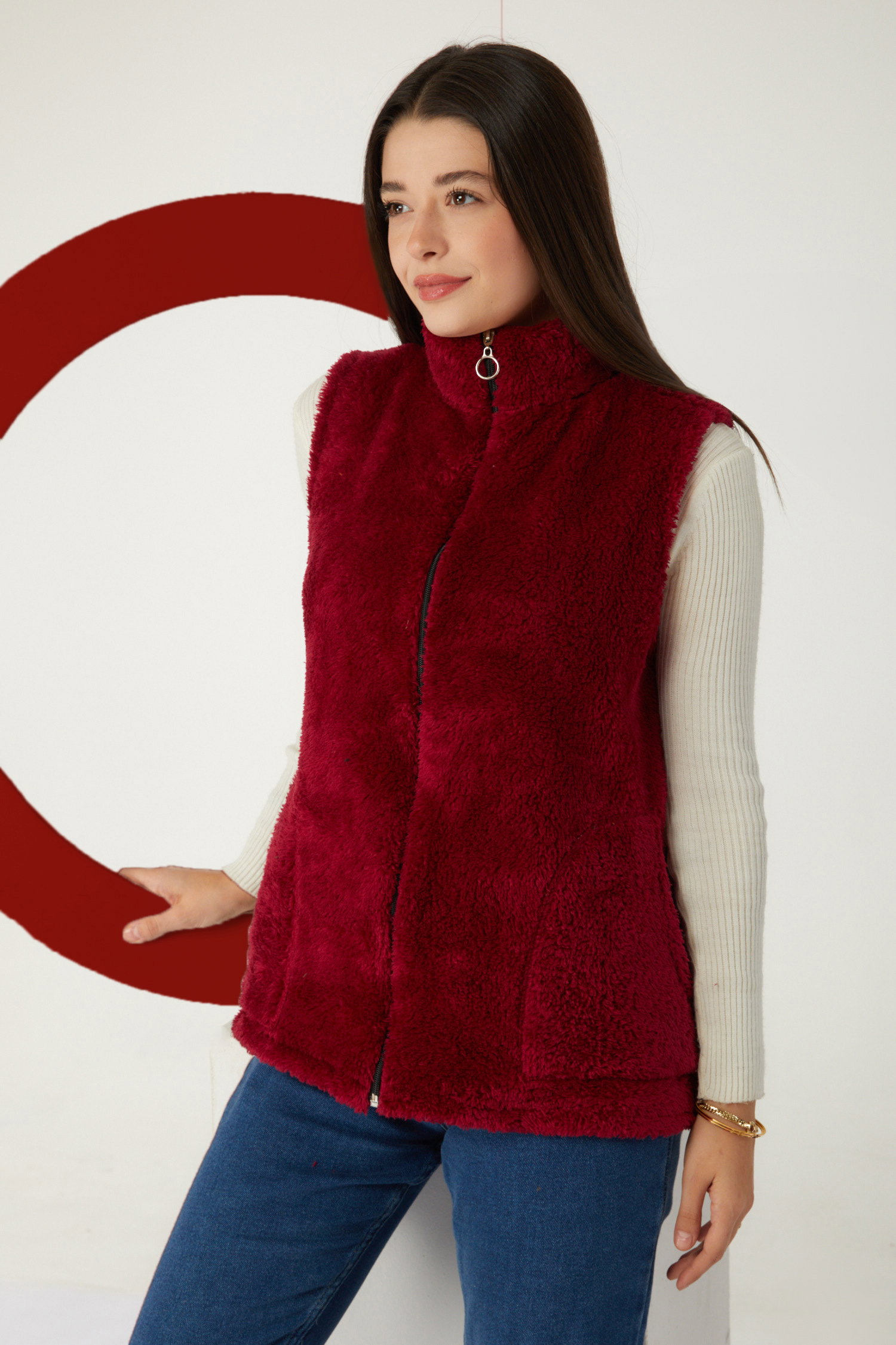 Düz Hakim Yaka Kadın Bordo Peluş Yelek - 13356 - 1