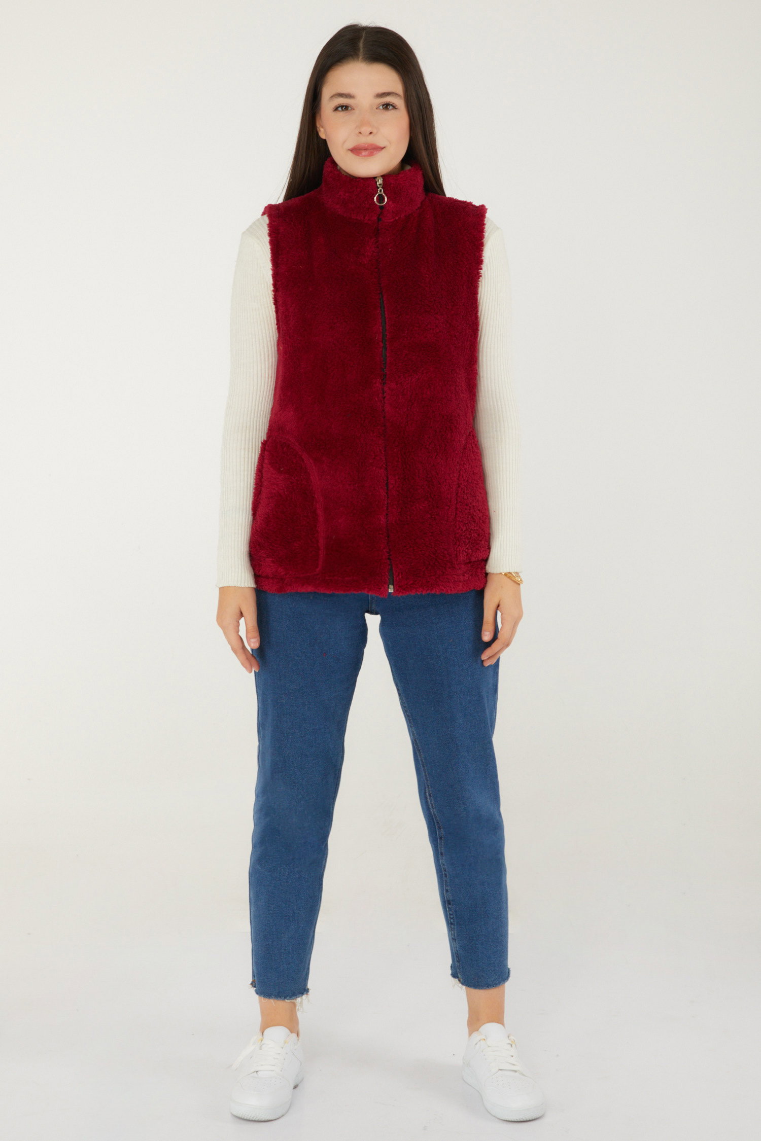 Düz Hakim Yaka Kadın Bordo Peluş Yelek - 13356 - 2