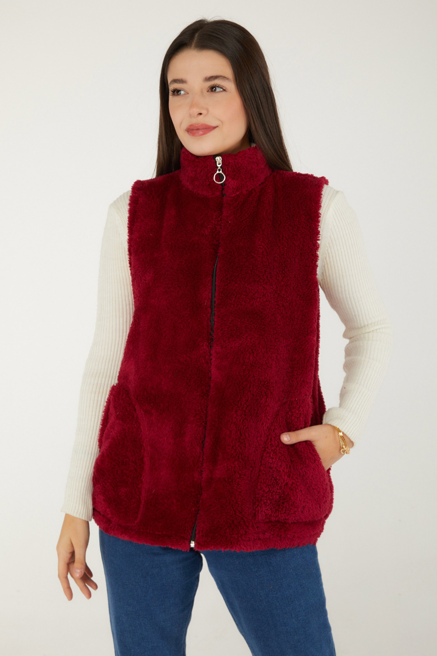 Düz Hakim Yaka Kadın Bordo Peluş Yelek - 13356 - 3