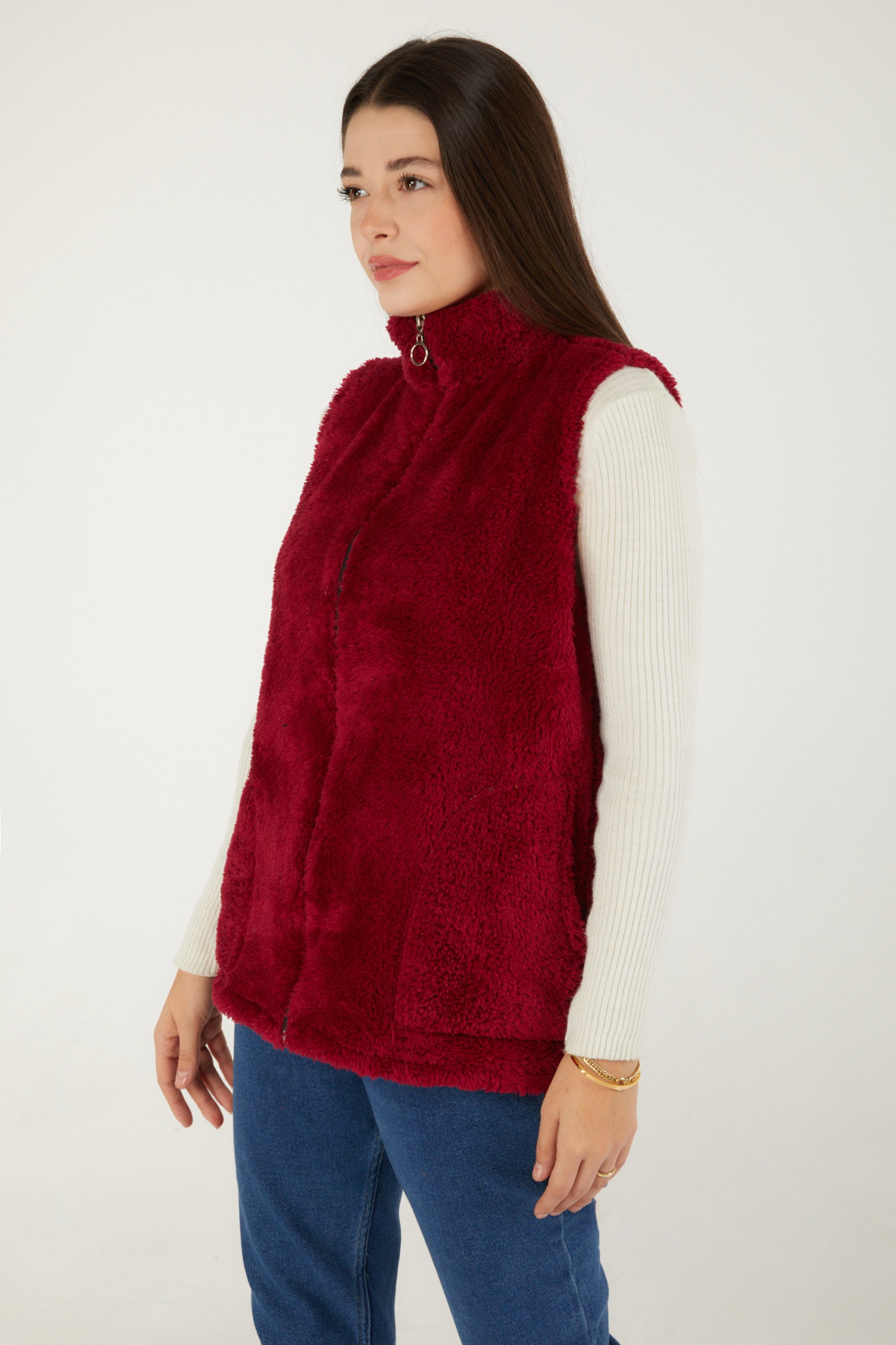 Düz Hakim Yaka Kadın Bordo Peluş Yelek - 13356 - 4