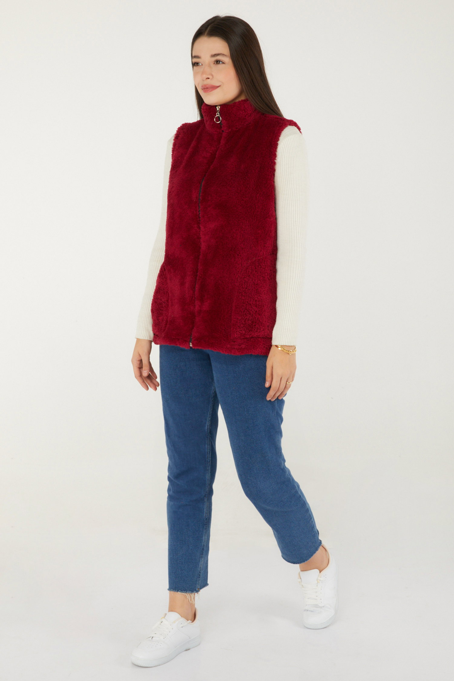 Düz Hakim Yaka Kadın Bordo Peluş Yelek - 13356 - 5