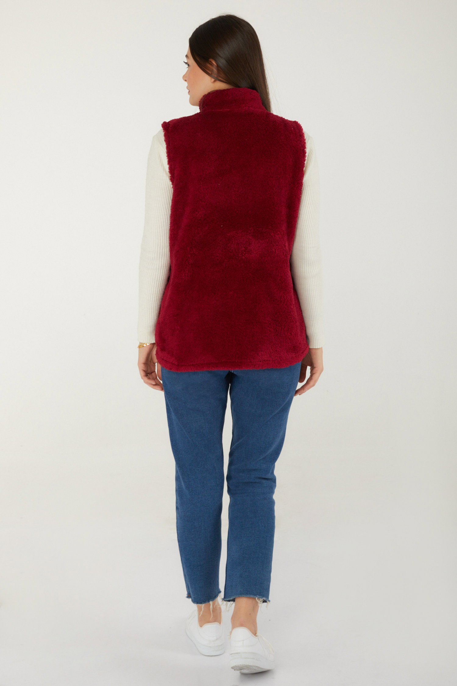 Düz Hakim Yaka Kadın Bordo Peluş Yelek - 13356 - 6