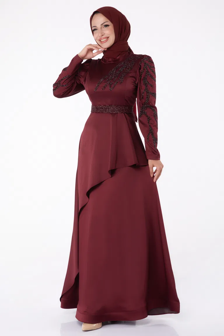 Taşlı Prenses abiye Bordo - 26252 - TOFİSA