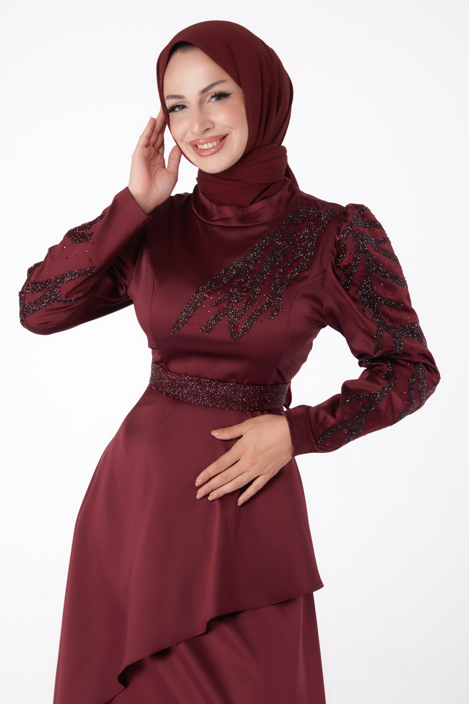 Taşlı Prenses abiye Bordo - 26252 - 3