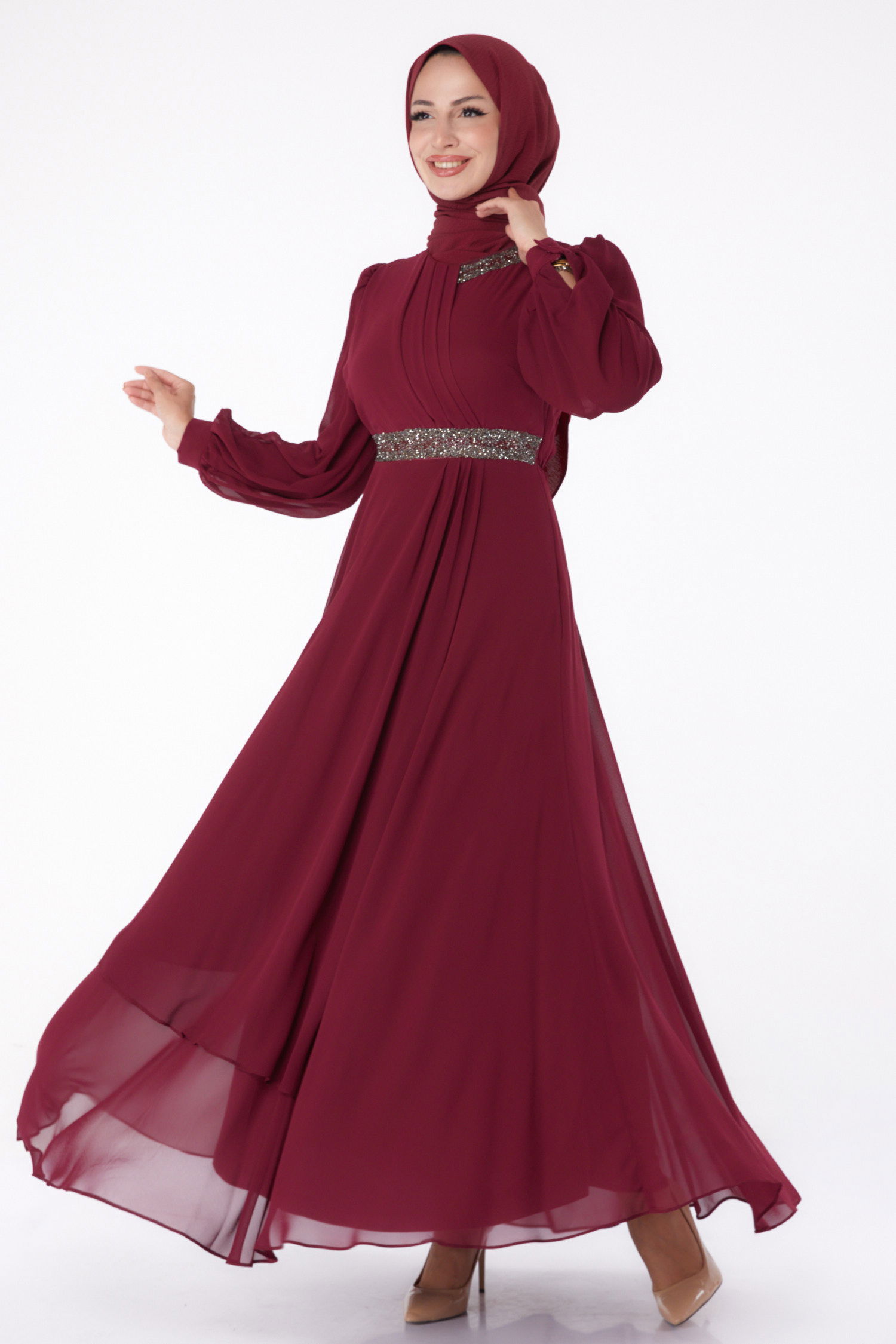 Düz Hakim Yaka Kadın Bordo Taşlı Şifon Elbise - 26255 - 1