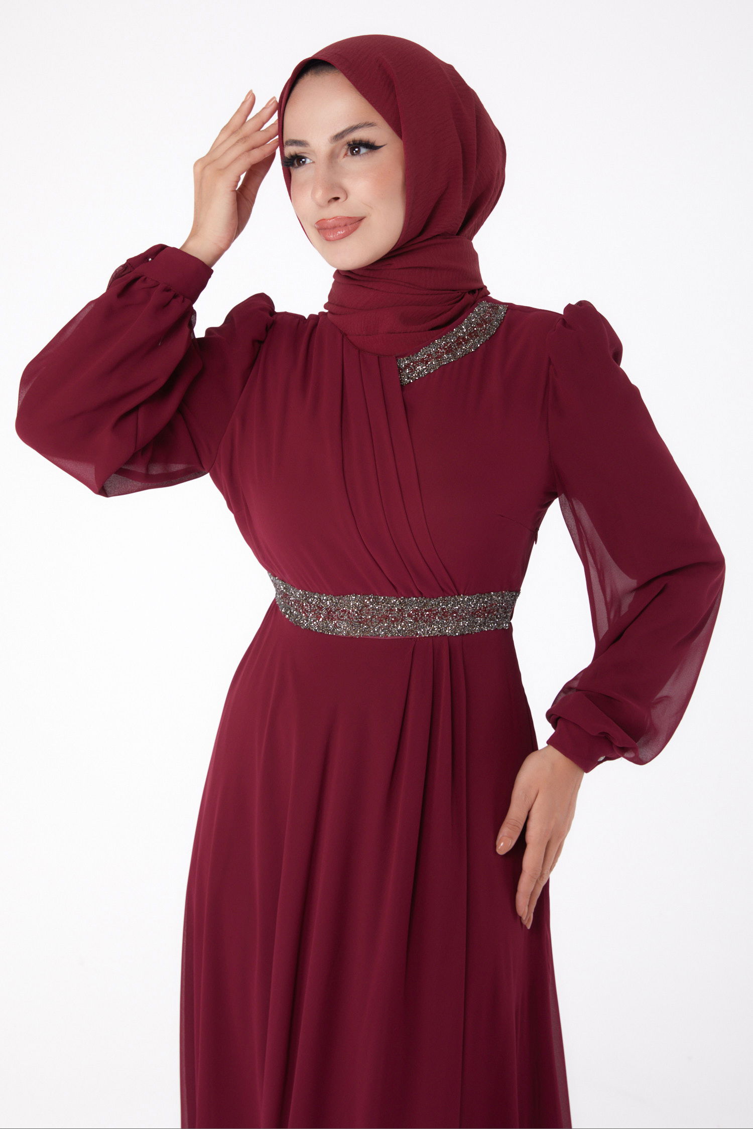 Düz Hakim Yaka Kadın Bordo Taşlı Şifon Elbise - 26255 - 3