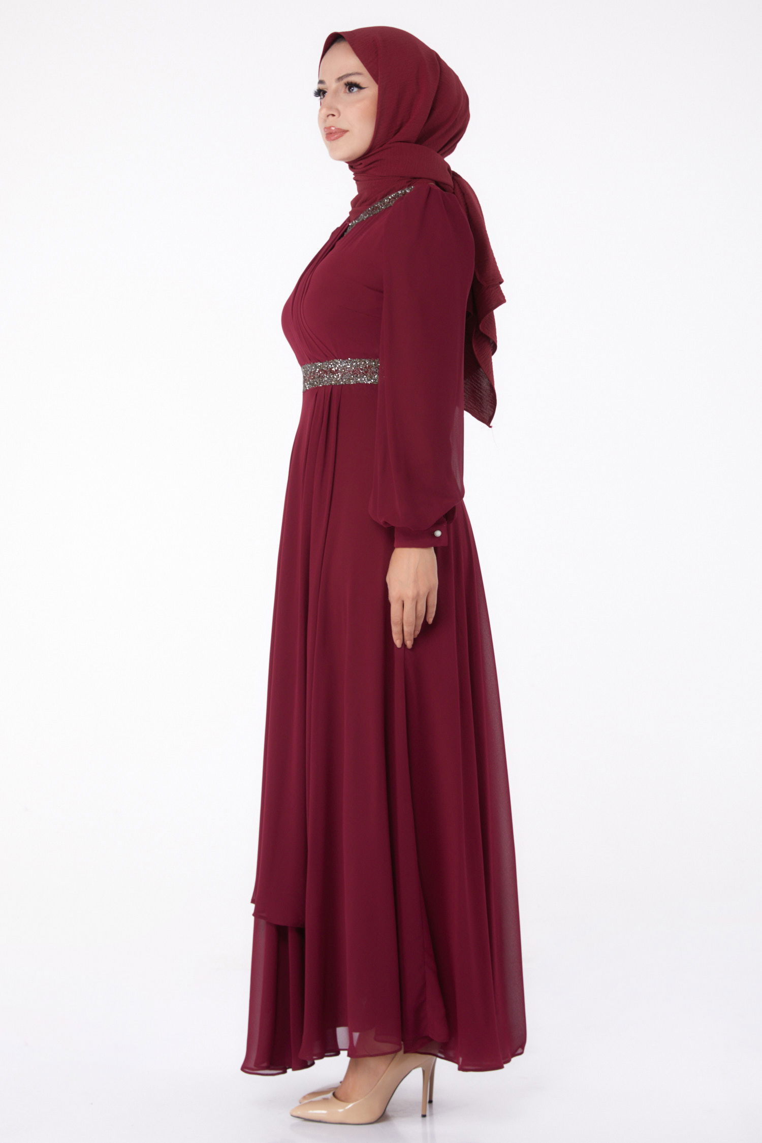 Düz Hakim Yaka Kadın Bordo Taşlı Şifon Elbise - 26255 - 4