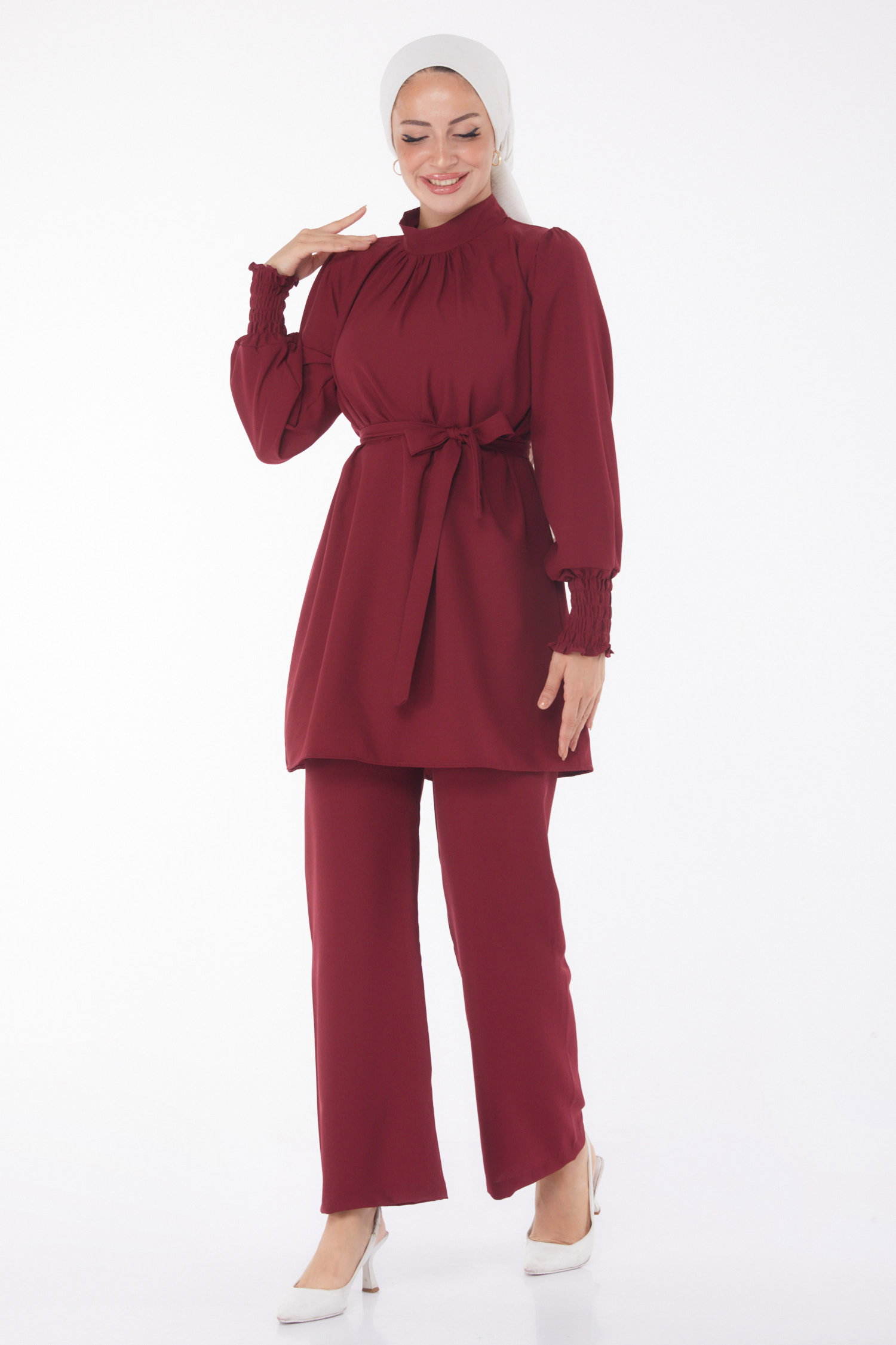 Düz Hakim Yaka Kadın Bordo Tunik+Pantolon - 13019 - 6