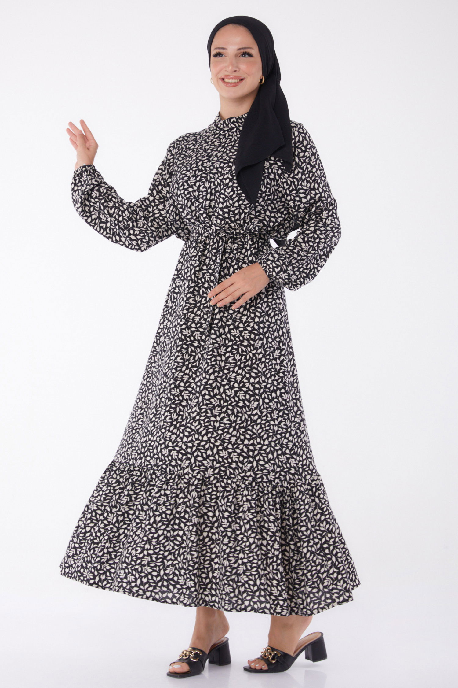 Desenli Kuşaklı Elbise Ekru - 26023 - 1