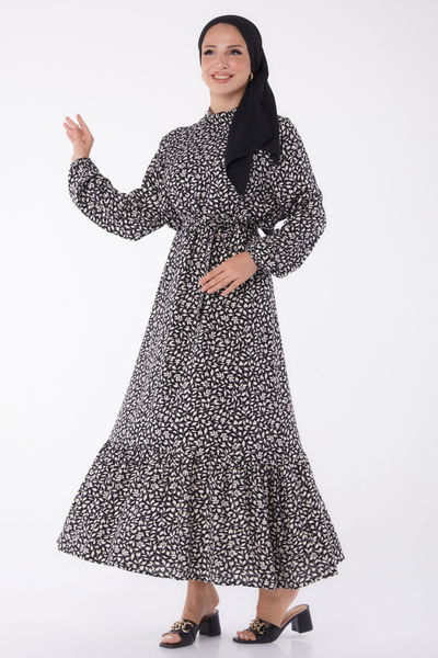 Desenli Kuşaklı Elbise Ekru - 26023 