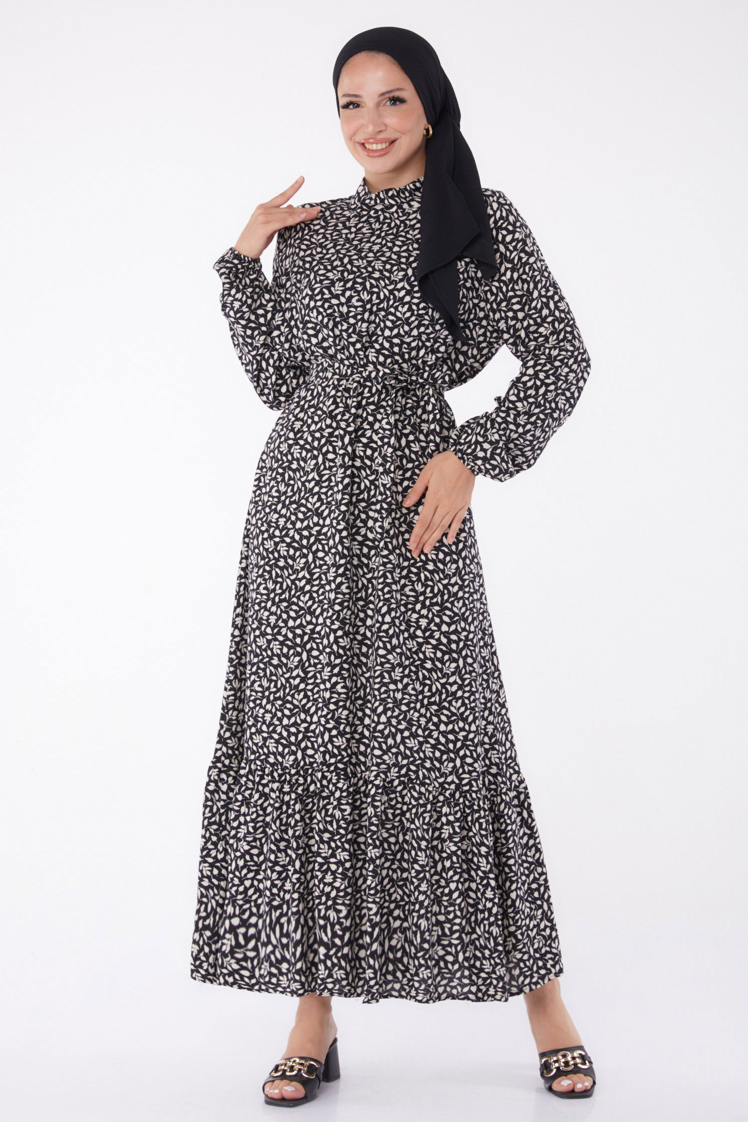 Desenli Kuşaklı Elbise Ekru - 26023 - 2