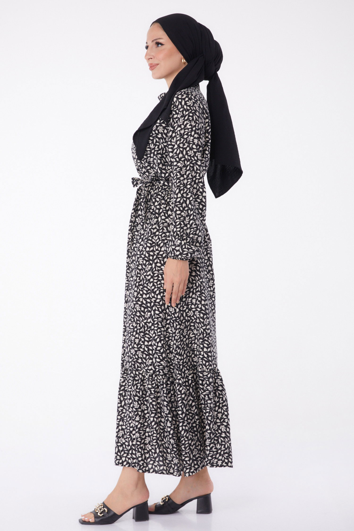 Desenli Kuşaklı Elbise Ekru - 26023 - 4