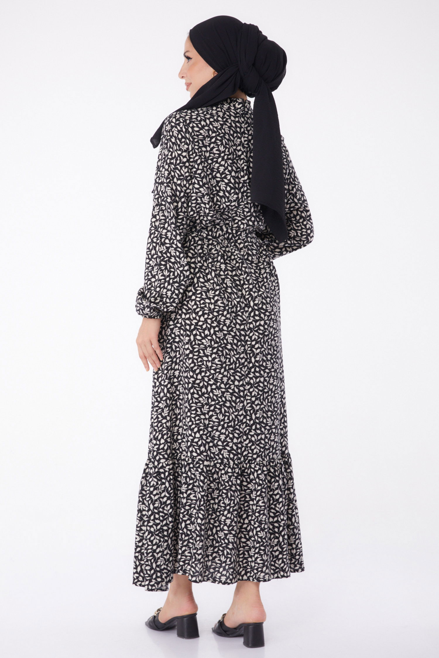 Desenli Kuşaklı Elbise Ekru - 26023 - 5