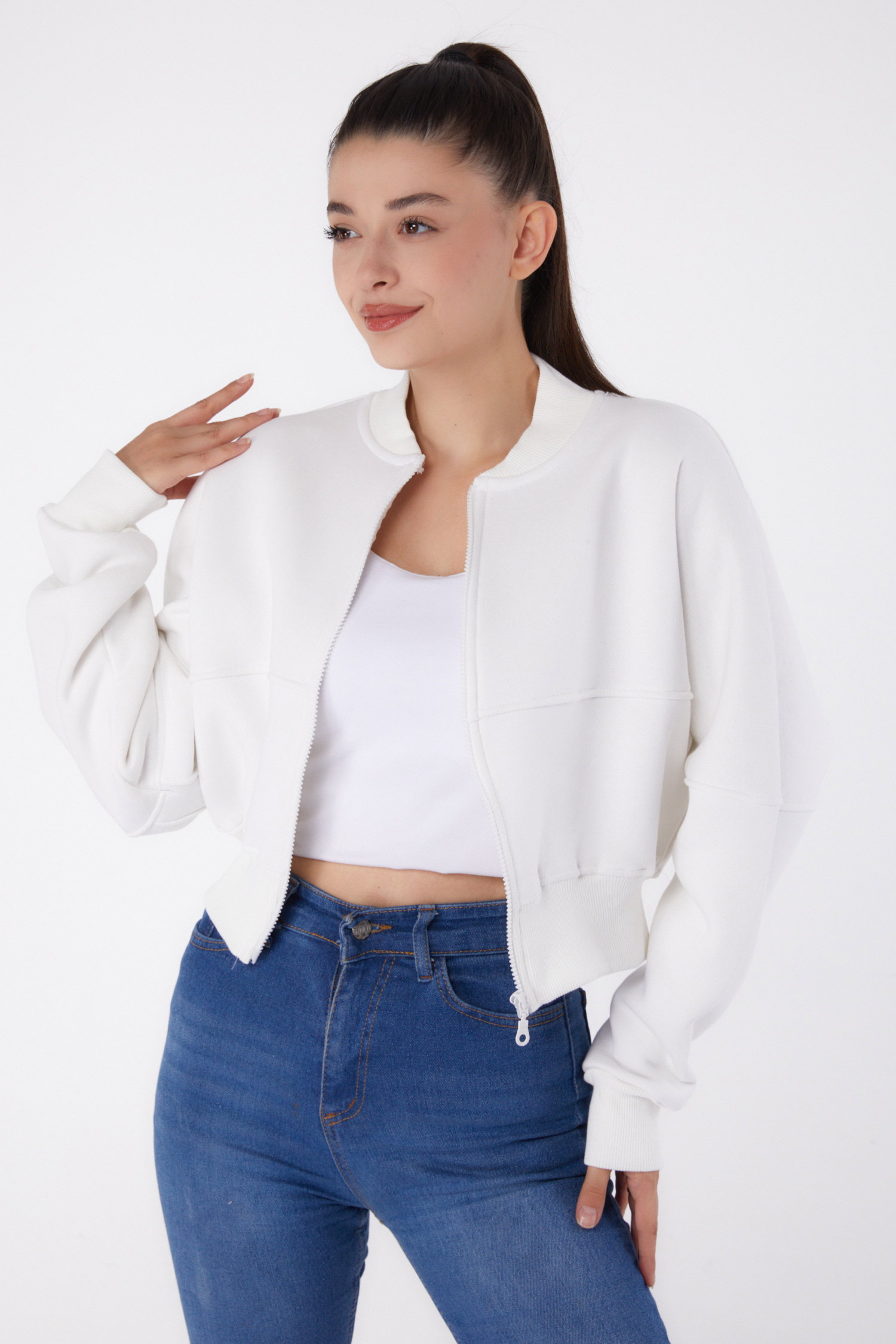 Fermuarlı Crop Sweatshirt Ekru - 26274 - 1