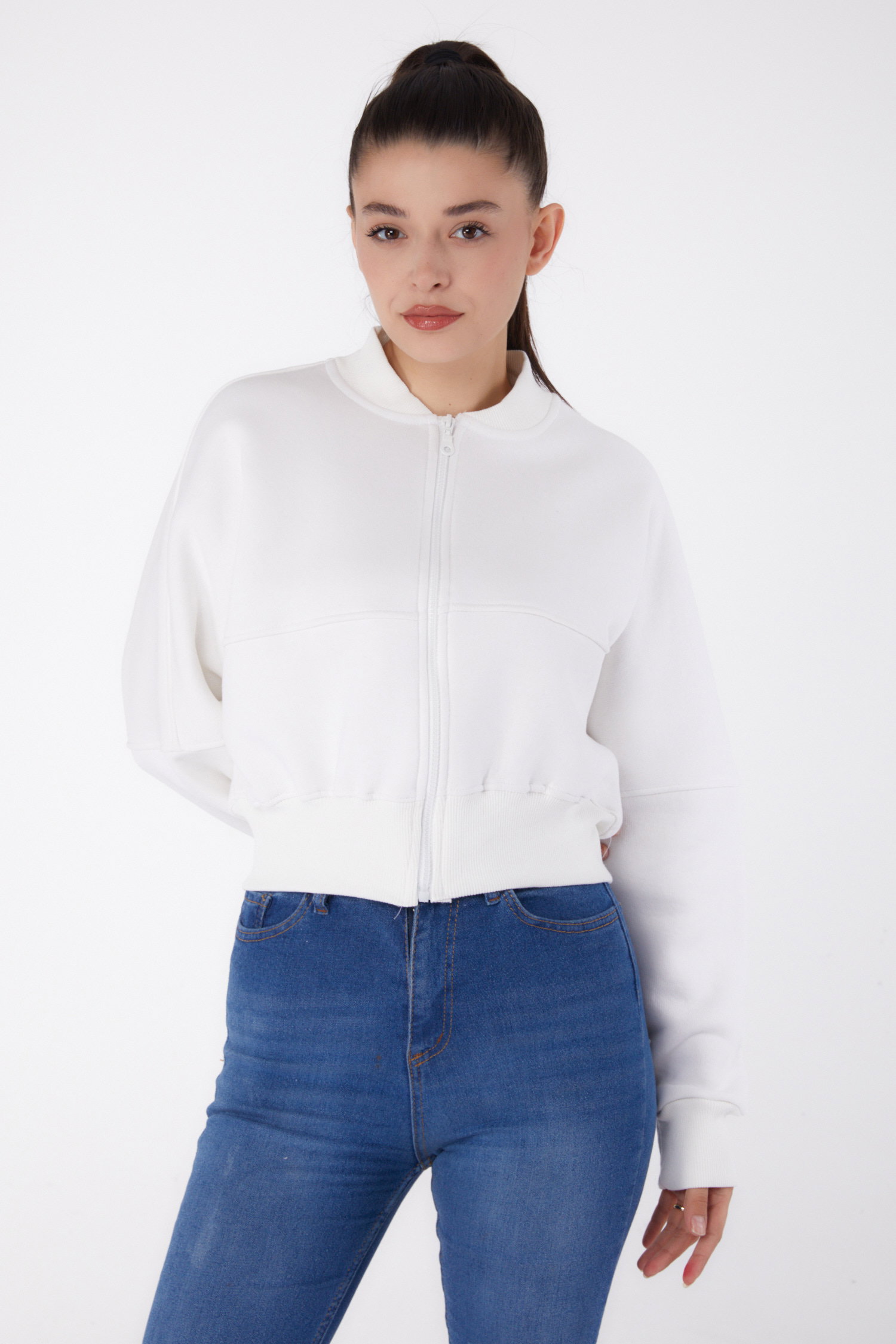 Fermuarlı Crop Sweatshirt Ekru - 26274 - 2