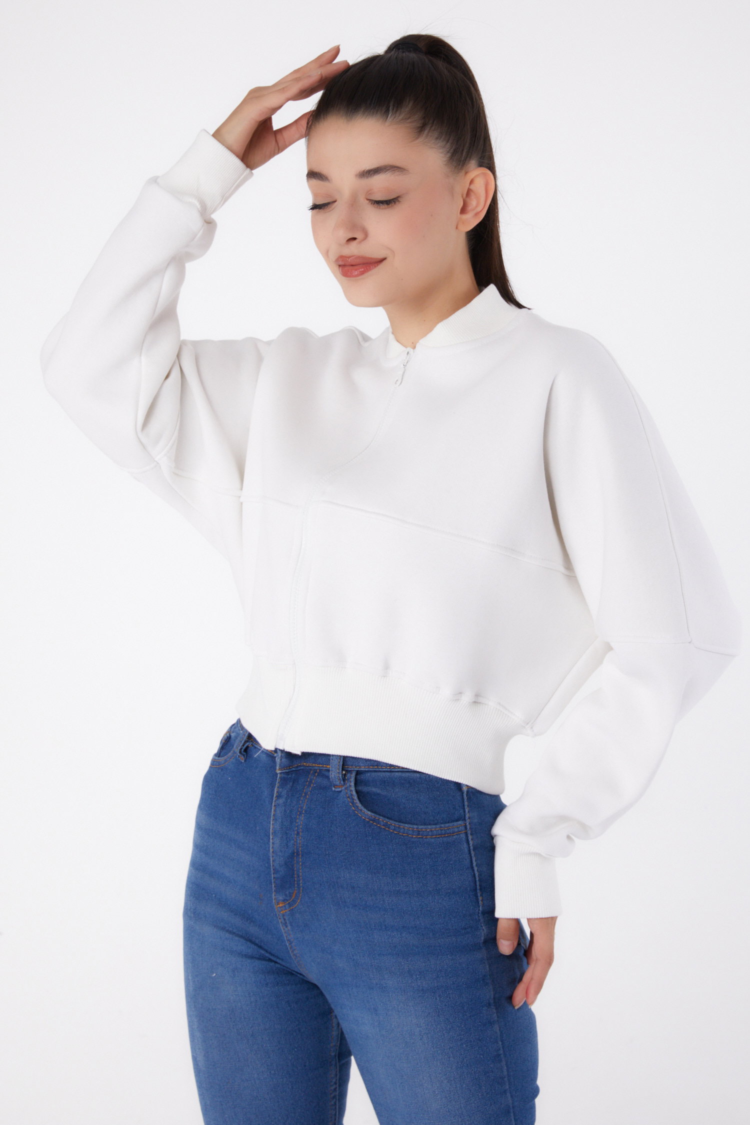 Fermuarlı Crop Sweatshirt Ekru - 26274 - 3