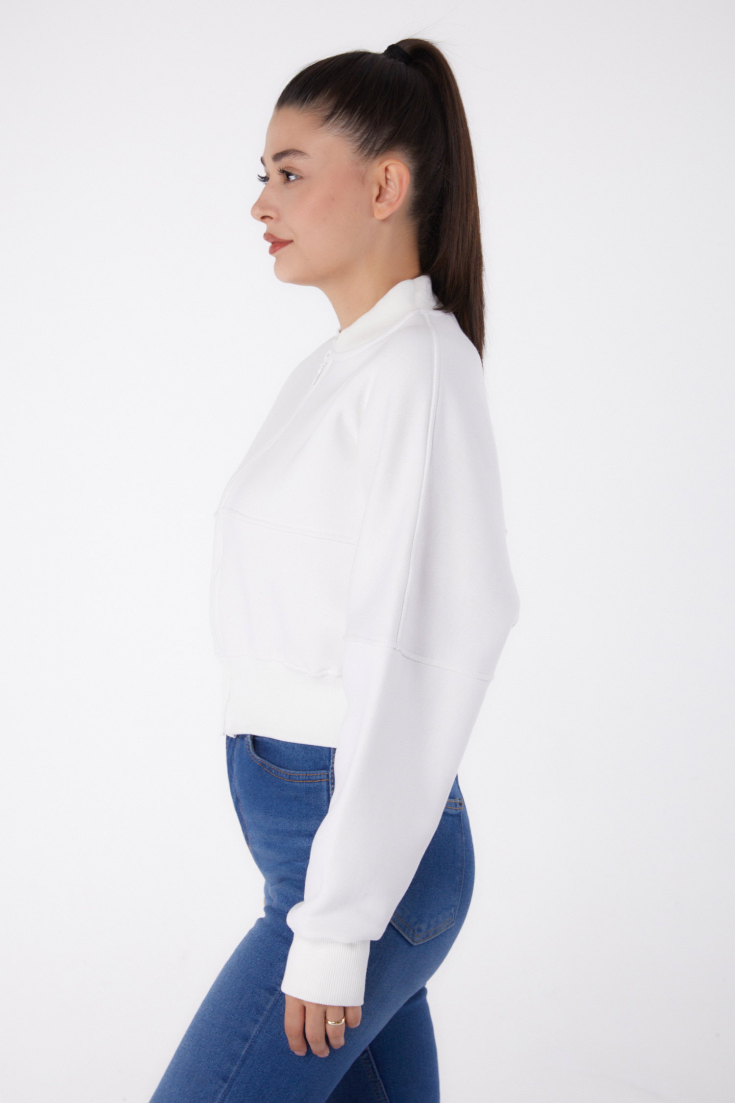 Fermuarlı Crop Sweatshirt Ekru - 26274 - 4