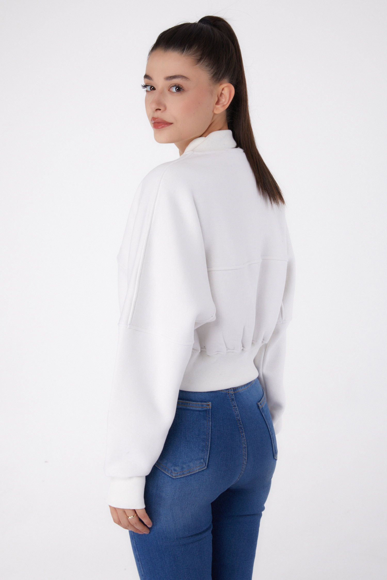 Fermuarlı Crop Sweatshirt Ekru - 26274 - 5